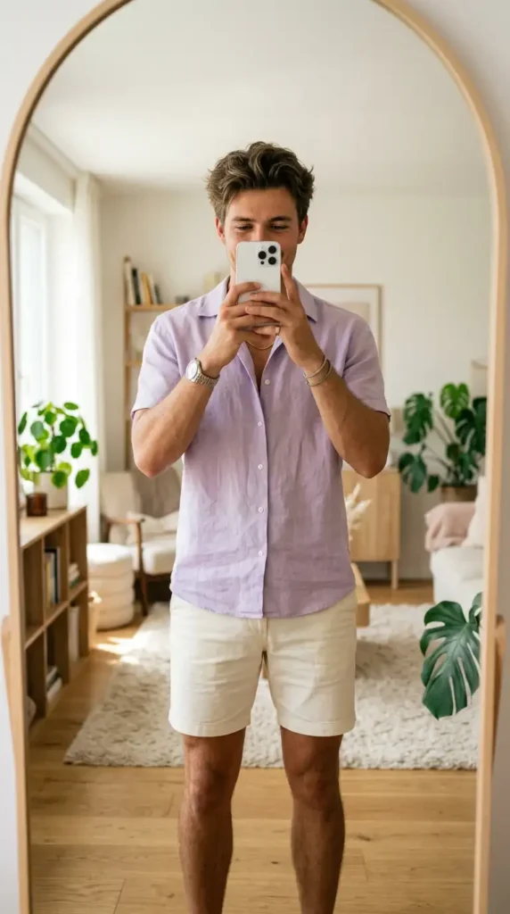 Lavender pastel linen shirt with cream shorts — soft summer artsy outfits for men, arched mirror
