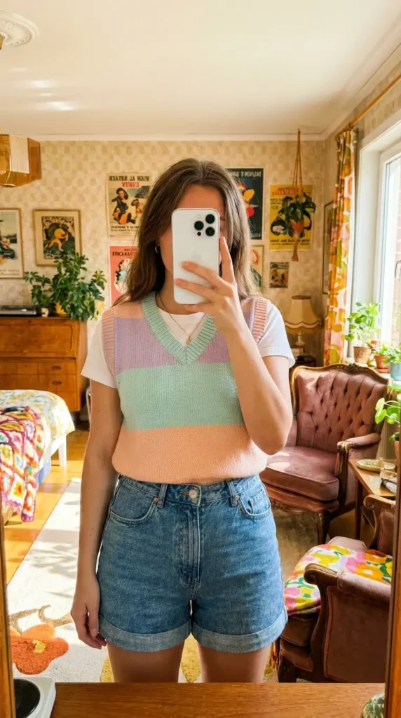 Pastel color-block sweater vest over white tee with denim shorts — cute summer family reunion outfit ideas