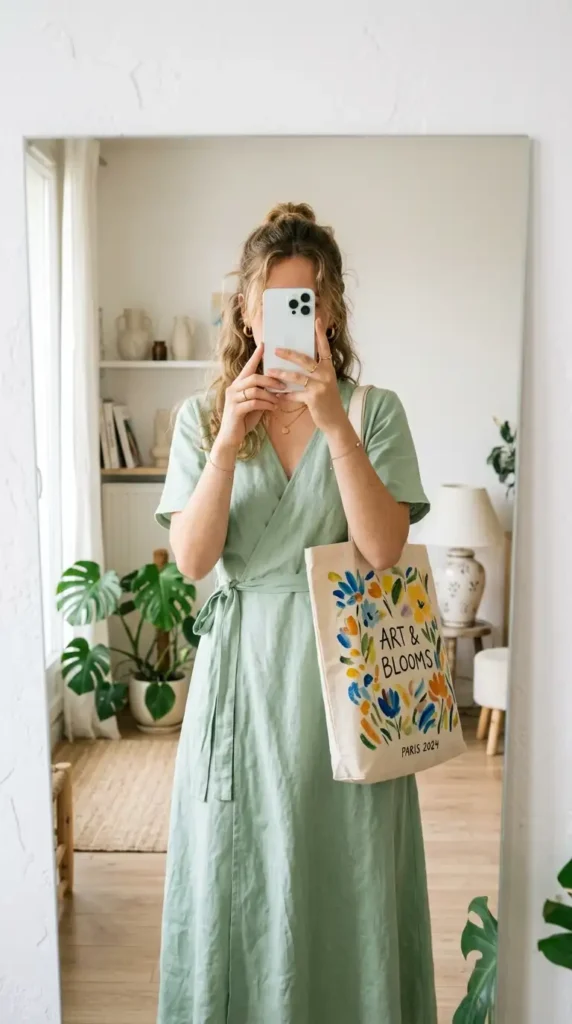 Artsy summer outfit ideas: sage green wrap dress paired with a hand-painted floral canvas tote bag
