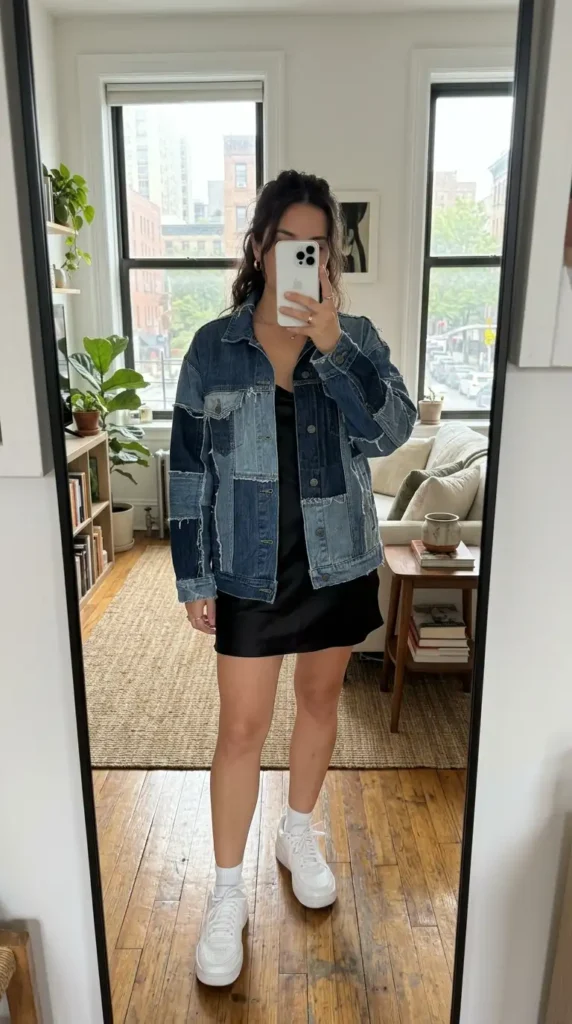Artistic style outfits for women: patchwork denim jacket over black slip dress with white sneakers.
