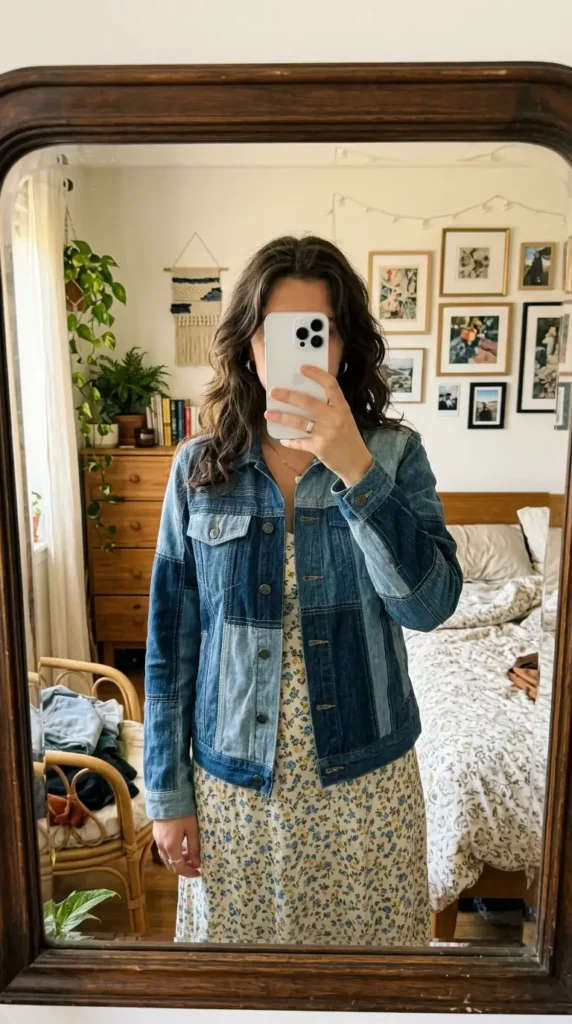 Artsy summer outfit ideas: patchwork denim jacket layered over a ditsy floral midi sundress
