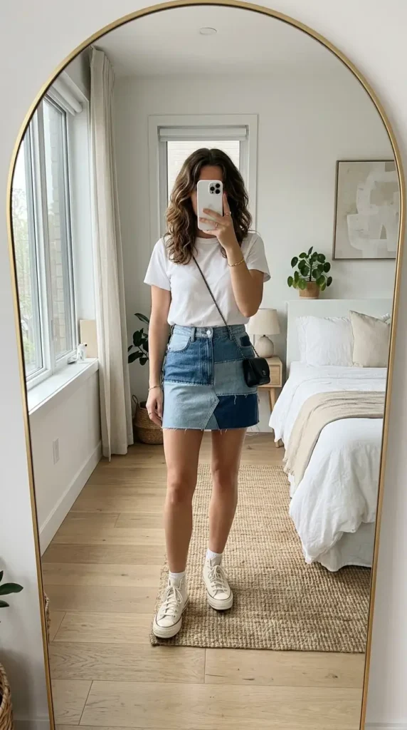 Patchwork denim mini skirt with white tee and high-top sneakers — casual Summer Artsy School Outfits.
