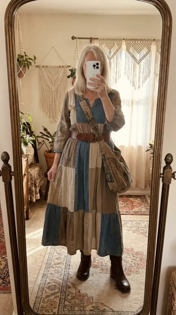 Hippie outfits she'll adore: patchwork denim and linen tiered maxi dress belted with a boho crossbody bag.