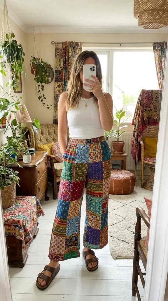 Colorful patchwork wide-leg pants with a white tank — expressive hippie outfit ideas for women with Birkenstocks.
