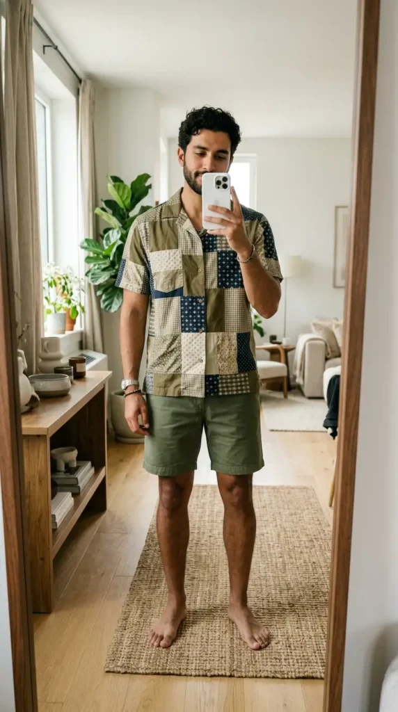 Patchwork print camp shirt with olive shorts — textured summer artsy outfits for men, mirror selfie
