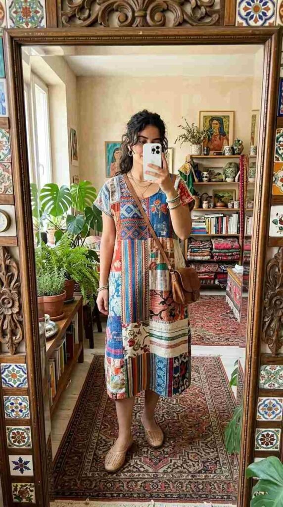Colorful patchwork woven midi dress with ethnic prints and a brown saddlebag — woven fantasy dress to impress
