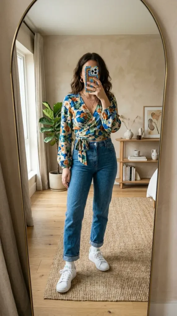 Bold floral wrap blouse tied at waist with straight jeans — colorful Summer Artsy School Outfits look.