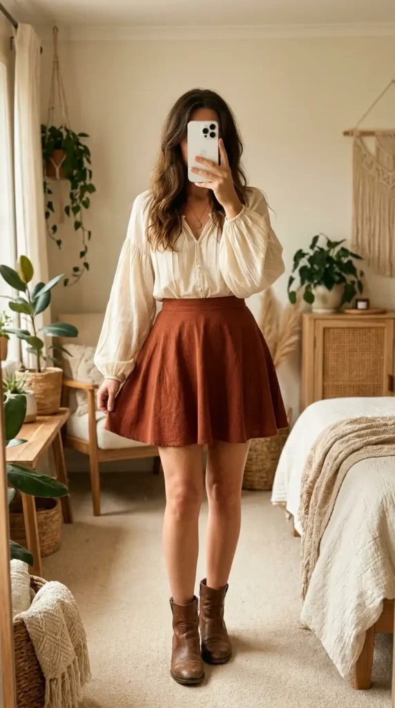 Cream peasant blouse paired with a rust flared mini skirt — timeless hippie outfit ideas for women with ankle boots.
