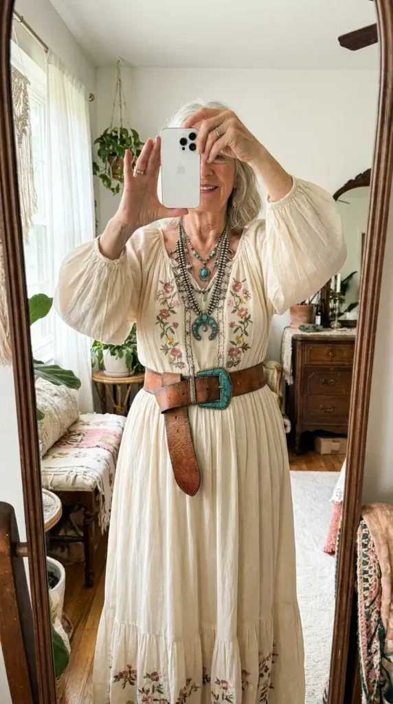 Boho grandma style in a cream peasant maxi dress with turquoise belt buckle and layered squash blossom necklace.
