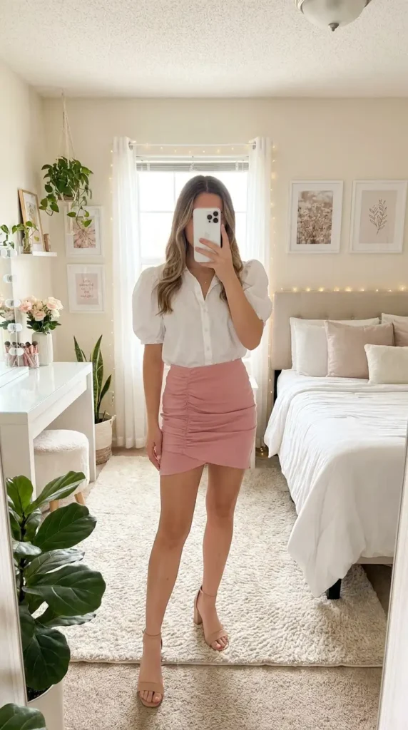 Pink mini rush skirt outfit idea with a white puff-sleeve blouse and strappy nude heels