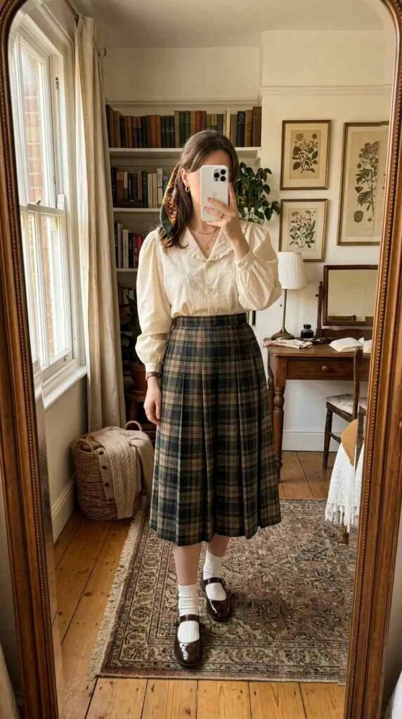 Plaid pleated midi skirt with cream embroidered blouse and Mary Janes — classic Summer Artsy School Outfits.