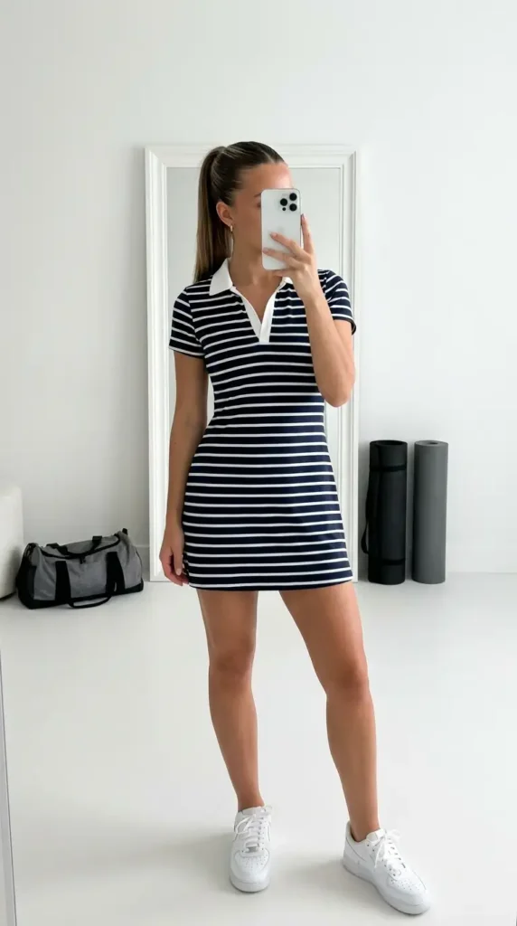 Navy striped polo mini dress with white sneakers — sporty chic summer family reunion outfit ideas