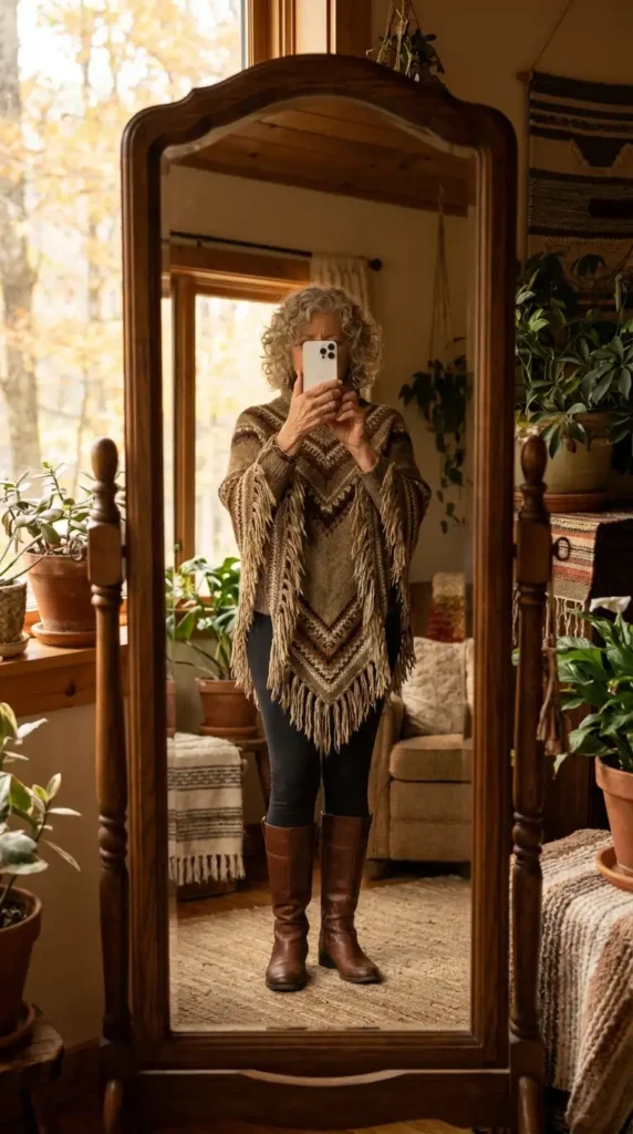 Hippie outfits she'll adore: fringed chevron knit poncho over dark leggings with tall brown leather boots
