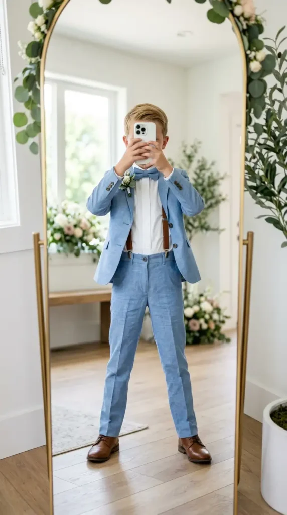 Powder blue boys suit outfit ideas for wedding summer with suspenders, bow tie, boutonniere, and brown lace-up shoes.