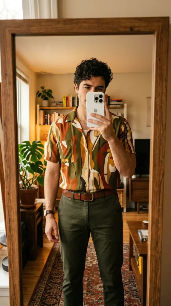 70s abstract print bowling shirt with olive chinos — retro summer artsy outfits for men, home mirror
