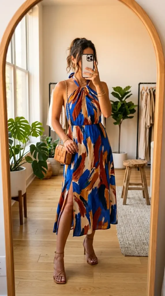 Bold abstract print halter neck midi dress — a vibrant summer wedding anniversary outfit idea for women.
