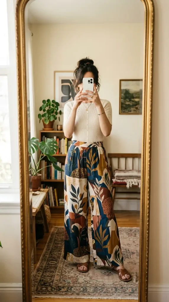 Artsy summer outfit ideas: cream ribbed fitted top with bold botanical print wide-leg palazzo pants
