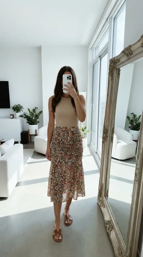 Floral printed midi rush skirt outfit idea with a neutral sleeveless top and tan slide sandals