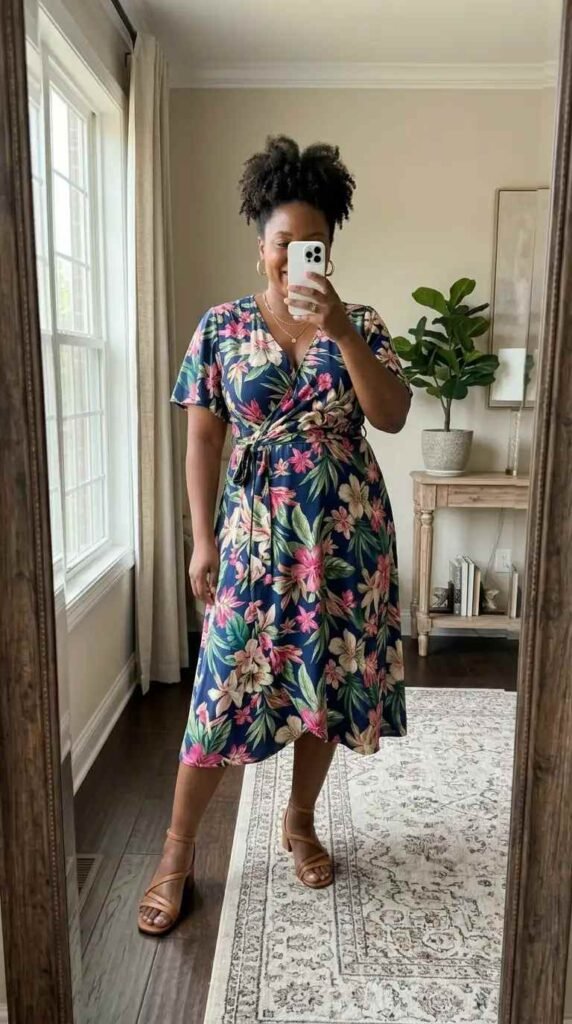 Navy tropical floral wrap dress — summer artsy outfit ideas for plus size women, feminine and flattering style.
