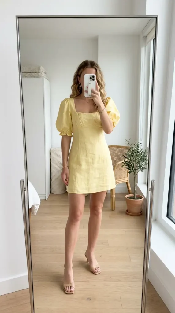 Yellow puff sleeve linen mini dress — a fresh and fun summer wedding anniversary outfit idea for women.
