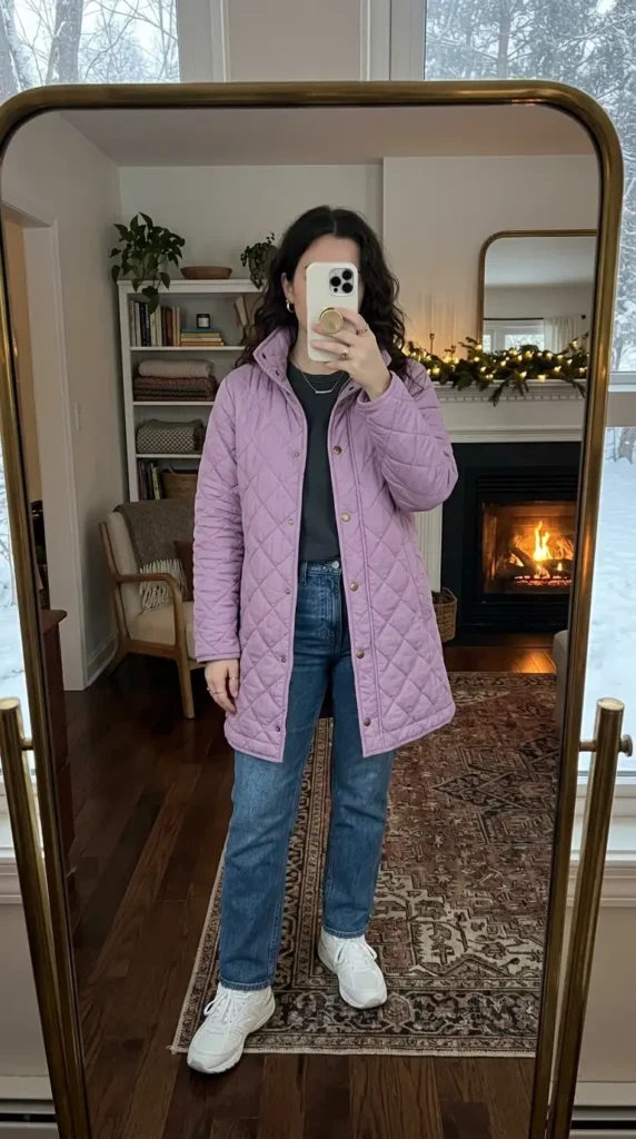 Artistic style outfits for women: lavender quilted coat over grey top with blue jeans and sneakers.
