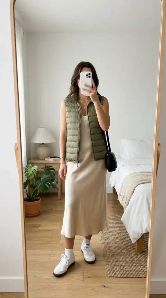 Sage quilted puffer vest over beige slip dress with white sneakers — trendy Summer Artsy School Outfits.
