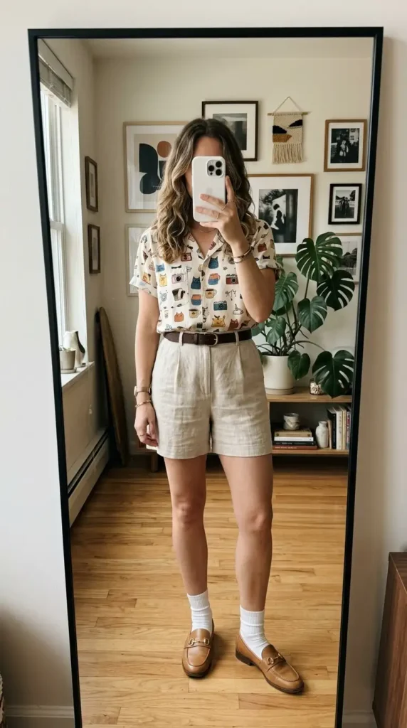 Artsy summer outfit ideas: quirky print button shirt with tailored linen shorts and loafers
