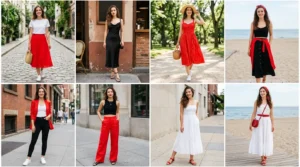 Collage of red black and white outfit ideas for summer featuring dresses, blazers, skirts, and casual looks