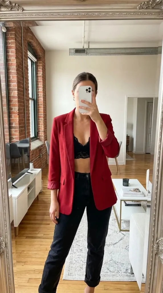 Bold red & black summer outfits: oversized red blazer over black lace bralette with straight black jeans
