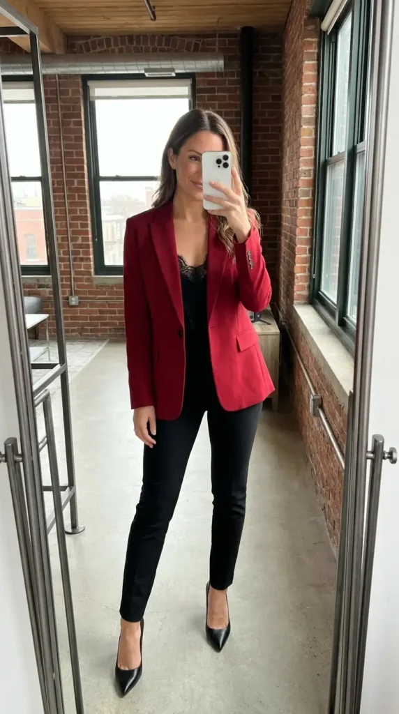 Crimson blazer over black lace cami and slim trousers with heels, a polished red and black outfit idea for party.
