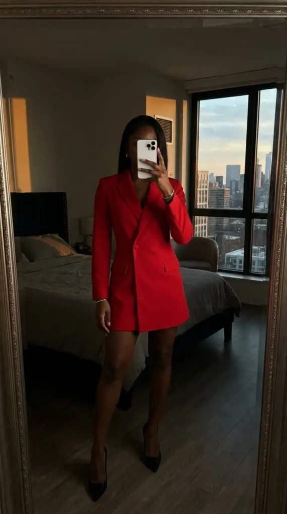 Bold red blazer dress with black heels – chic summer red and black outfit ideas for black women
