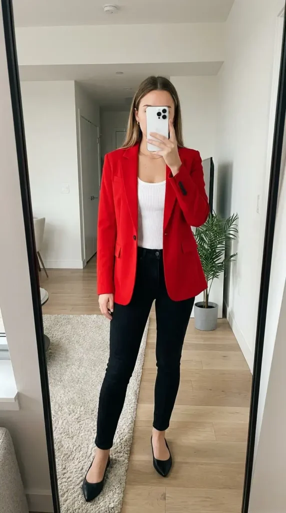 Red oversized blazer over white tank top with black skinny jeans – bold red black and white outfit for summer
