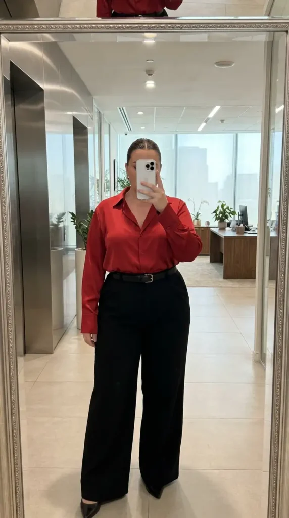 Red and black outfit ideas for plus size: red satin button-up blouse tucked into tailored black wide-leg trousers.
