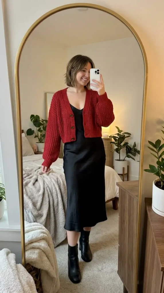 Chunky red knit cardigan layered over a black satin midi slip dress, a cozy red and black outfit idea for party.
