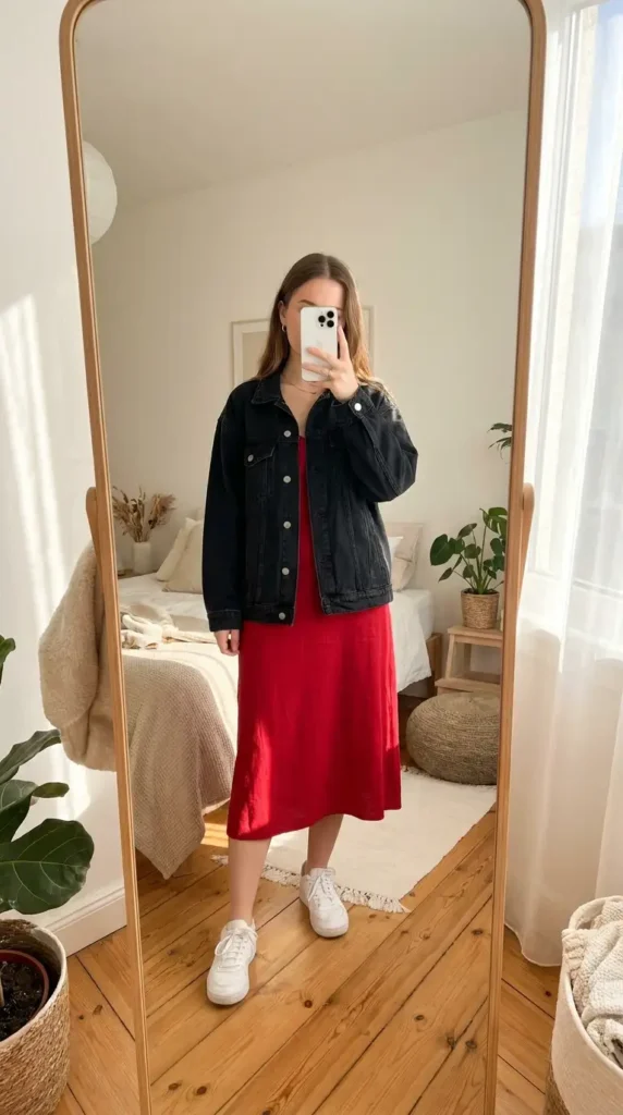 Red midi slip dress topped with a black oversized denim jacket and white sneakers – red black and white summer outfit
