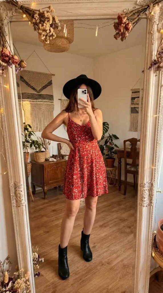 Vintage red & black summer outfits: red floral spaghetti strap mini dress with black ankle boots and wide hat

