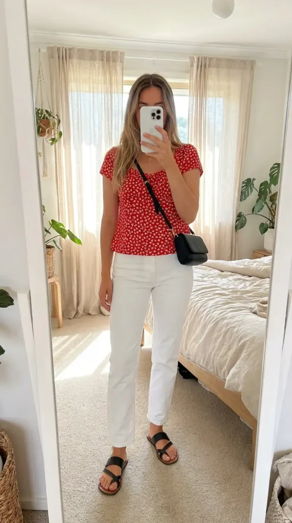 Red floral top with white jeans and black sandals – a fresh red black and white outfit idea for summer
