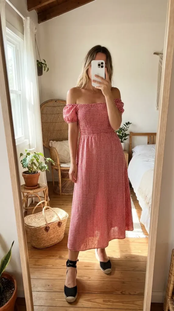 Cottagecore red & black summer outfits: red gingham off-shoulder midi dress with black espadrille wedge heels
