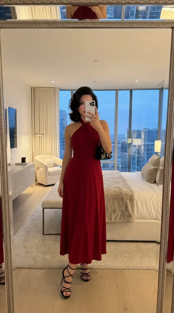 Deep red halter neck midi dress with black strappy sandals, an elegant red and black outfit idea for party nights.
