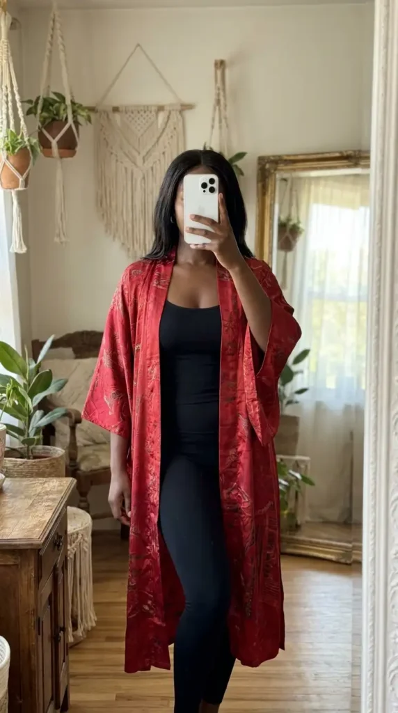 Red printed kimono over all-black outfit – bohemian summer red and black outfit ideas for black women

