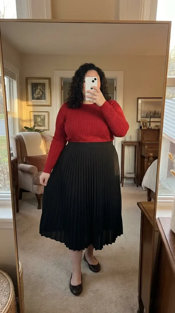 Red and black outfit ideas for plus size: red ribbed knit top paired with a black pleated midi skirt and flats.
