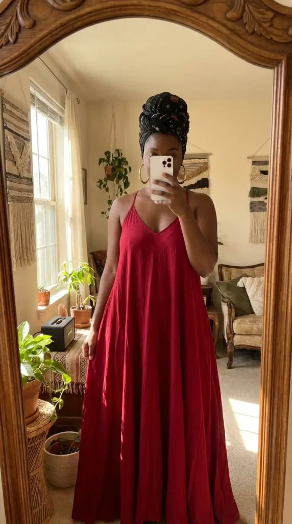 Deep red maxi dress with black headwrap and hoop earrings – summer red and black outfit ideas black women
