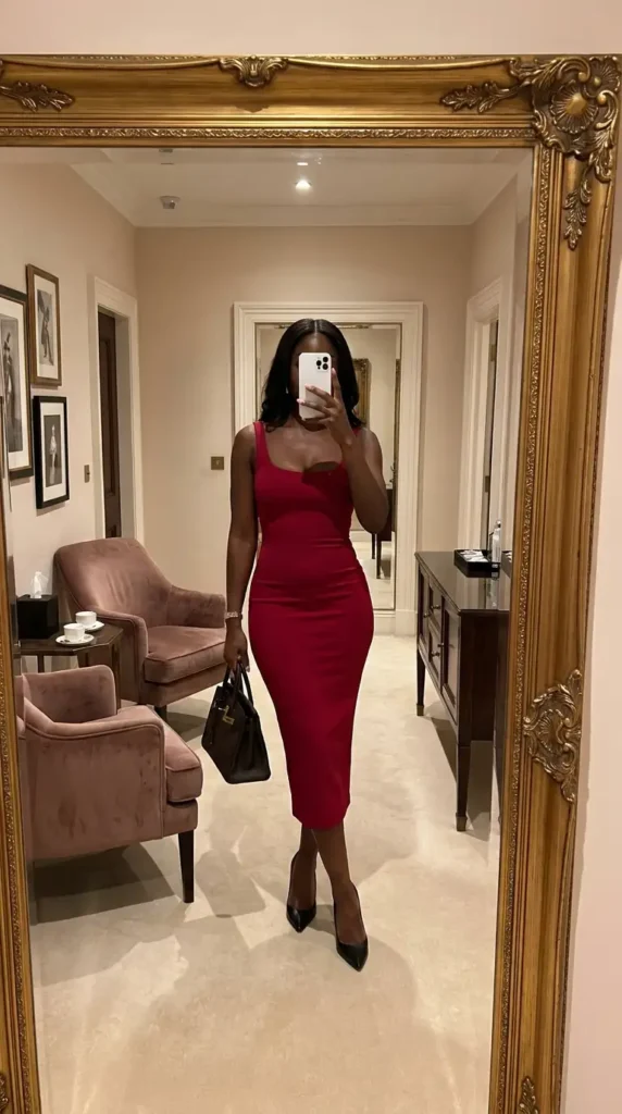 Fitted red midi dress with black pointed heels and handbag – summer red and black outfit ideas black women
