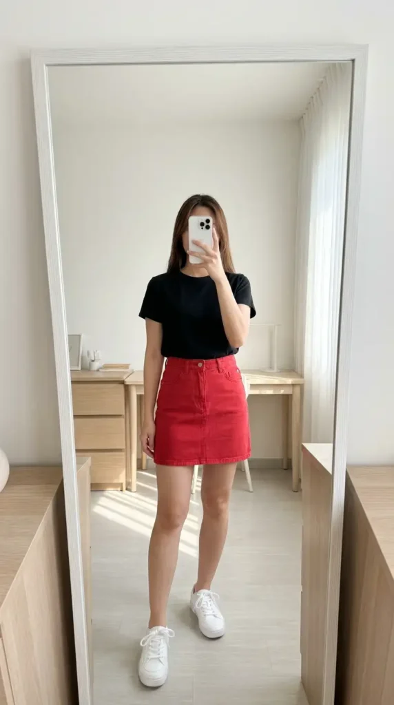 Minimal red & black summer outfits: black fitted crew-neck tee with red denim mini skirt and white sneakers

