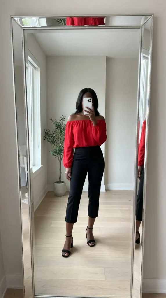 Red off-shoulder top with black cropped capri pants – elegant summer red and black outfit ideas black women
