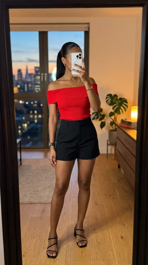Trendy red & black summer outfits: red off-shoulder ribbed crop top with tailored black shorts and heeled sandals
