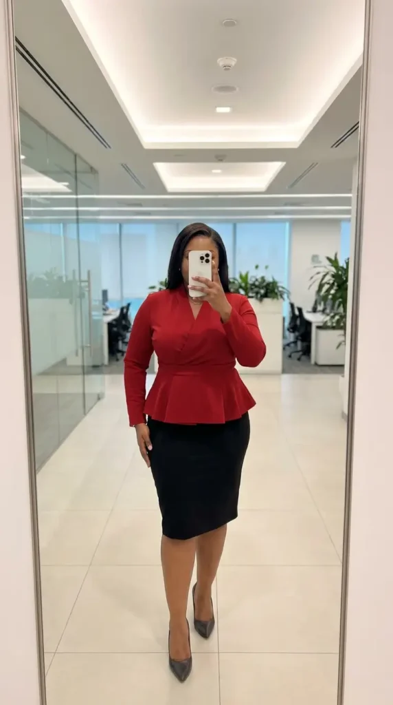 Red and black outfit ideas for plus size: structured red peplum top paired with a black pencil skirt and pumps.

