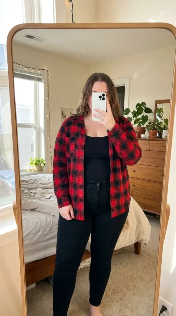 Red and black outfit ideas for plus size: red and black plaid flannel shirt over black skinny jeans and a tank.
