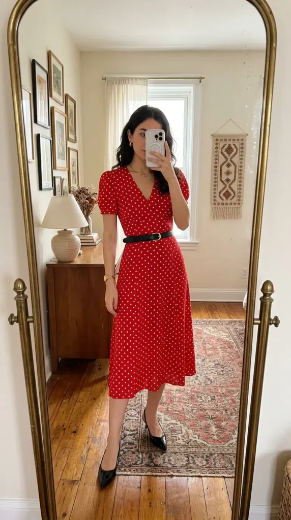 Retro red & black summer outfits: red polka dot wrap midi dress cinched with a black belt and black kitten heels
