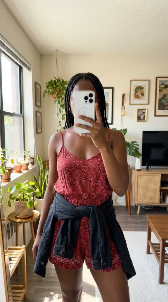 Red floral romper with black denim jacket tied at waist – summer red and black outfit ideas black women
